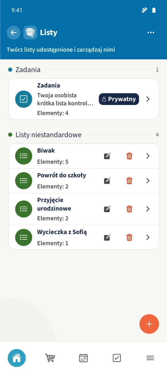 Przegląd list rodziny Smith pokazuje „Biwak”, „Powrót do szkoły” i „Przyjęcie urodzinowe” obok prywatnej listy „Zadania”.