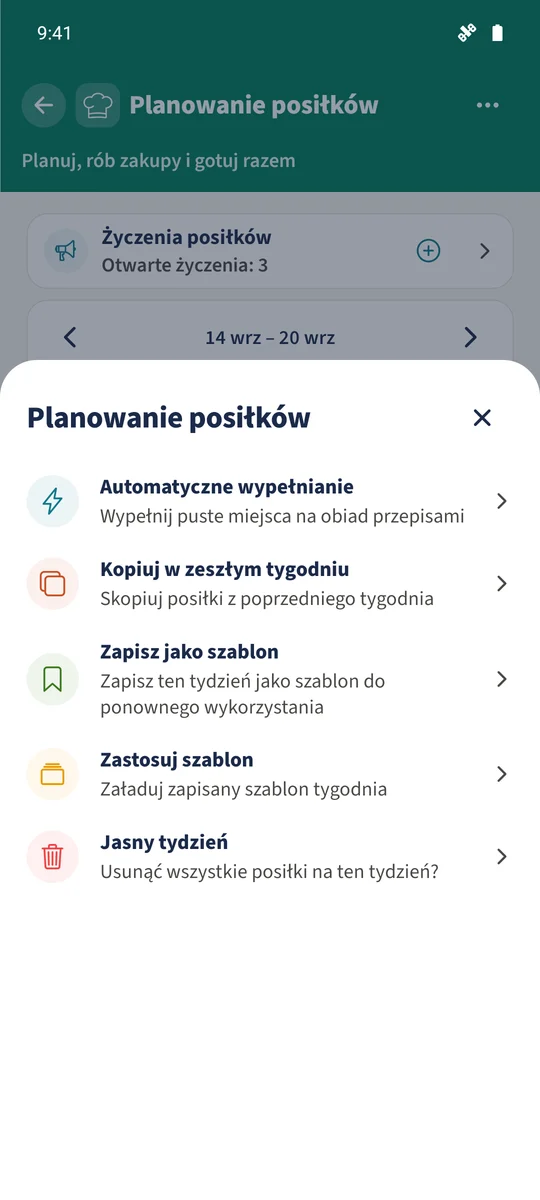 Menu „Akcje” zawiera „Zapisz jako szablon”, „Zastosuj szablon”, „Kopiuj w zeszłym tygodniu” i „Automatyczne wypełnianie”.