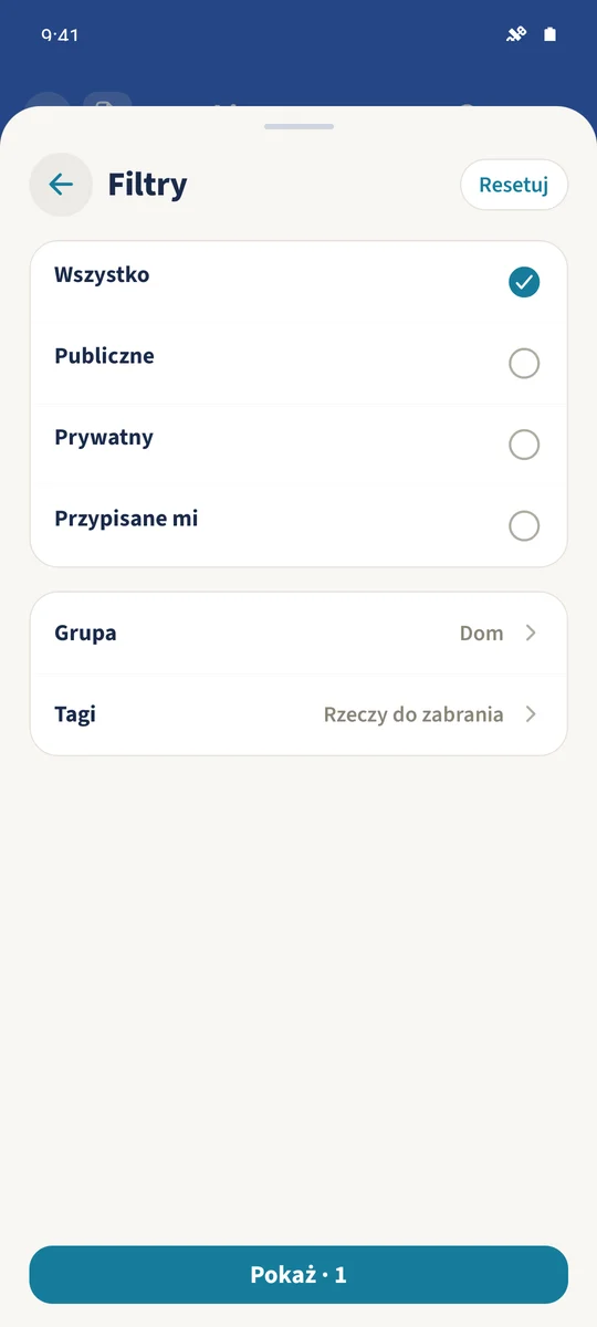 Filtr wybiera grupę „Dom” i tag „Rzeczy do zabrania”.