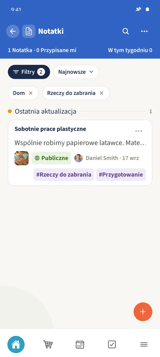 Połączone filtry pokazują pasującą notatkę „Sobotnie prace plastyczne”.