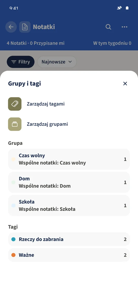 „Grupy i tagi” pokazuje „Szkoła”, „Dom” i „Czas wolny” z istniejącymi tagami.