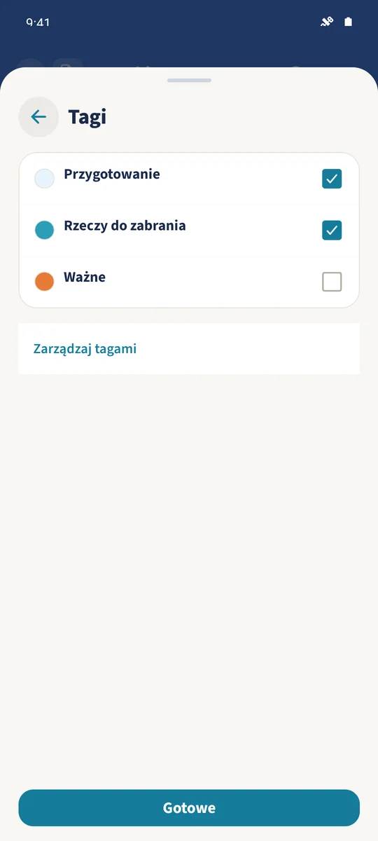 W edytorze notatki zaznaczono „Rzeczy do zabrania” i nowo utworzony tag „Przygotowanie”.