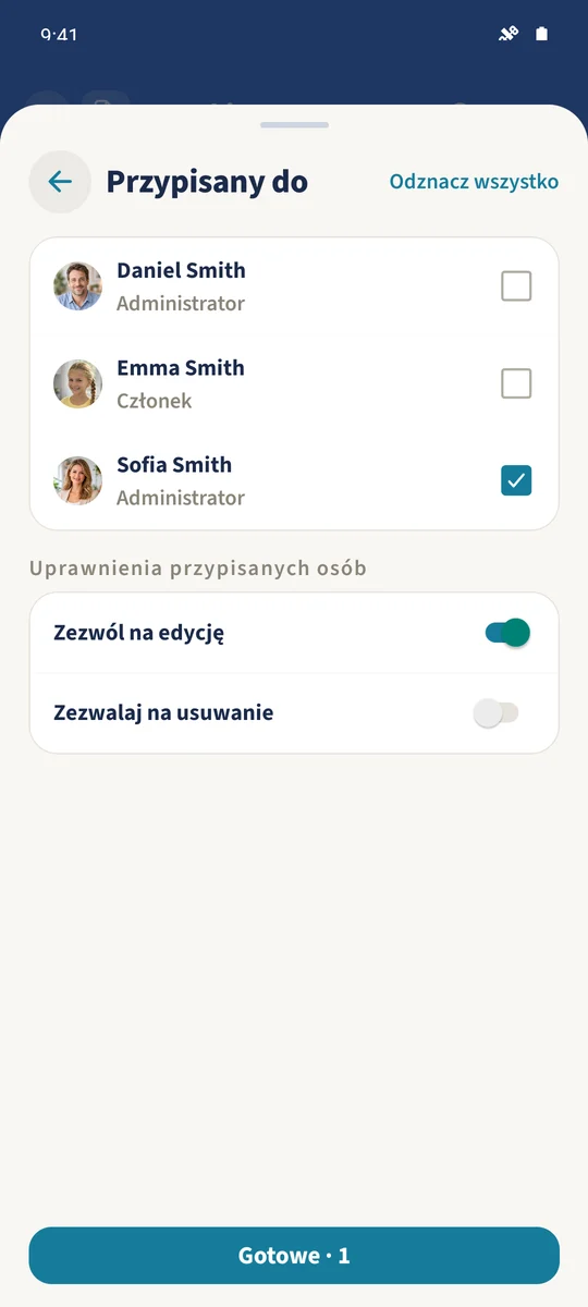 Sofia jest zaznaczona w polu „Przypisany do”, z edycją dozwoloną i usuwaniem wyłączonym.