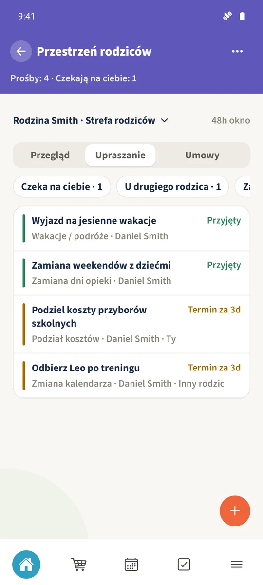 Przegląd próśb pokazuje bieżące sprawy rodzinnej koordynacji.