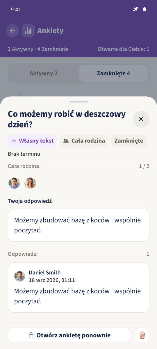 Ankieta typu „Własny tekst” pokazuje zapisany pomysł Daniela dotyczący bazy z koców i wspólnego czytania.