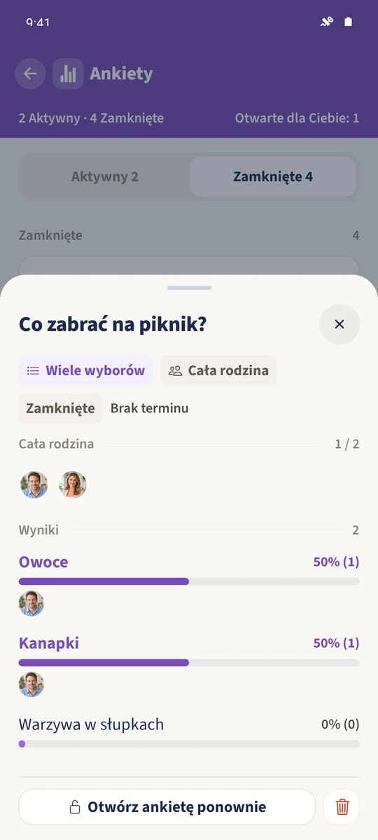 Jedna odpowiadająca osoba oddaje dwa głosy na opcje, każdy z wynikiem 50 procent.