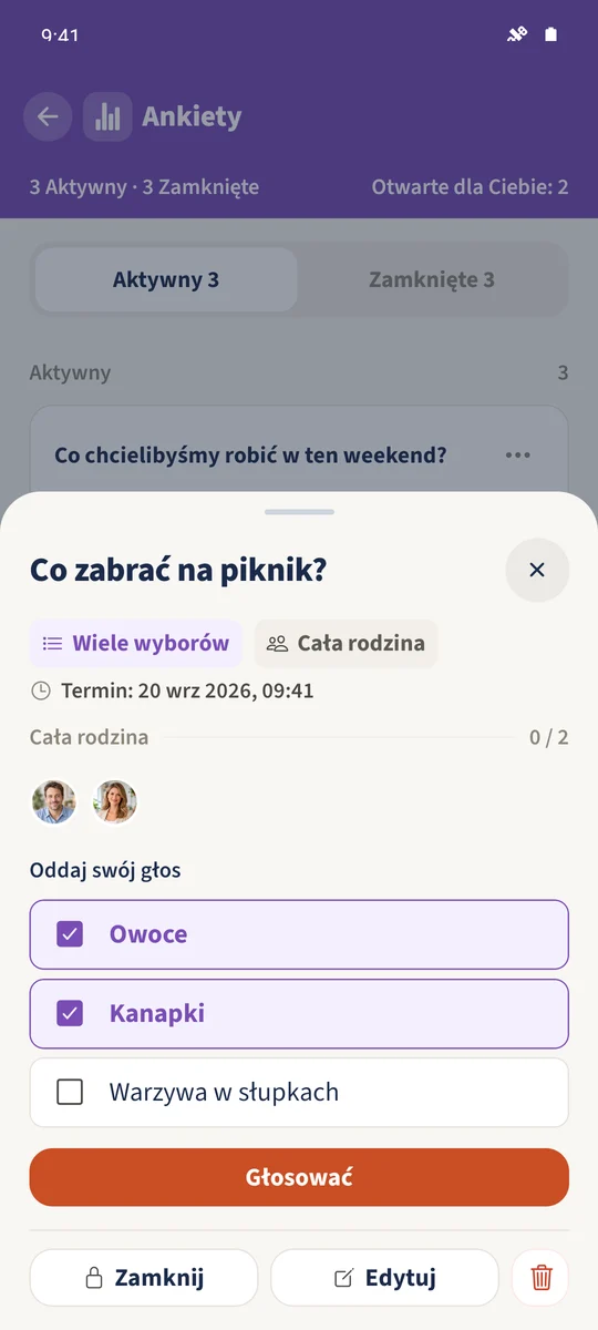 W wielokrotnym wyborze zaznaczono jednocześnie „Owoce” i „Kanapki”.