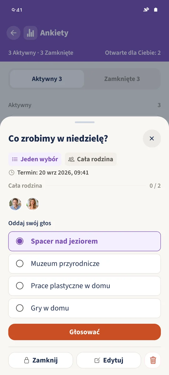 W pojedynczym wyborze zaznaczono tylko „Spacer nad jeziorem”.