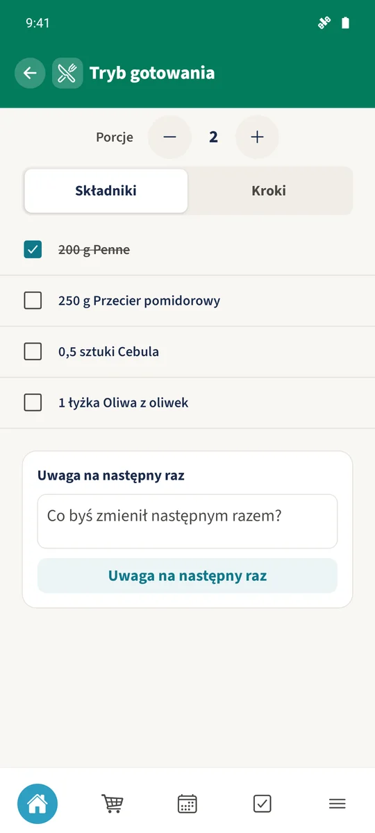 Tryb gotowania pokazuje dwie porcje, 200 g penne i odhaczony składnik penne.