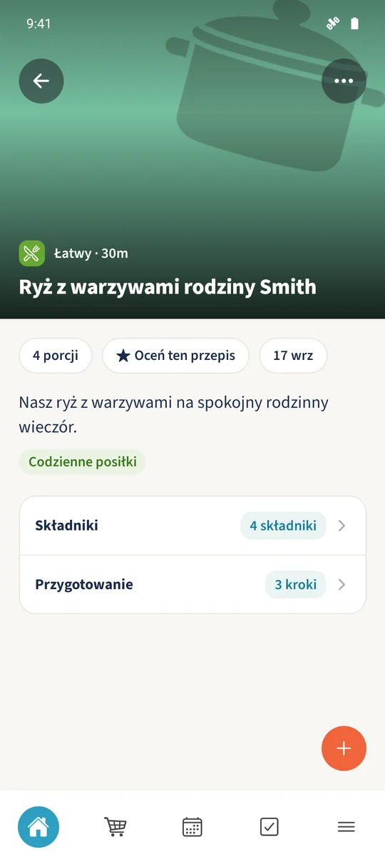 Ponownie otwarty przepis zawiera zapisany rodzinny opis, trudność „Łatwy” i kategorię „Codzienne posiłki”.