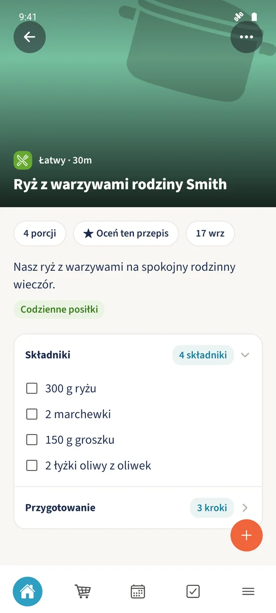 Zapisany przepis „Ryż z warzywami rodziny Smith” pokazuje ryż, marchew, groszek i oliwę w sekcji „Składniki”.