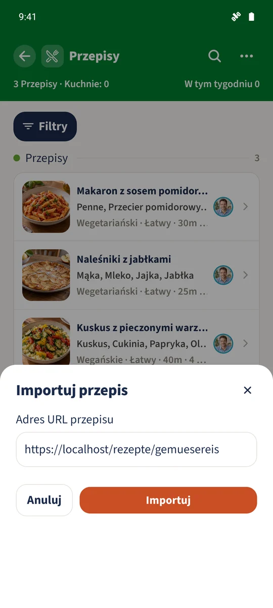 Pole „Adres URL przepisu” zawiera adres lokalnie udostępnionego przykładu „Ryż z warzywami rodziny Smith”.