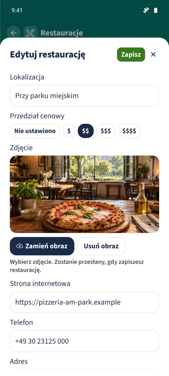 Edytor „Pizzeria przy parku” zawiera „Przy parku miejskim” i przedział cenowy oznaczony dwoma symbolami.
