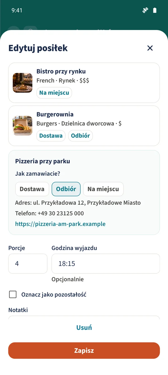 Ponownie otwarty formularz posiłku pokazuje „Pizzeria przy parku”, „Odbiór”, cztery porcje i zapisaną godzinę wyjazdu 18:15.
