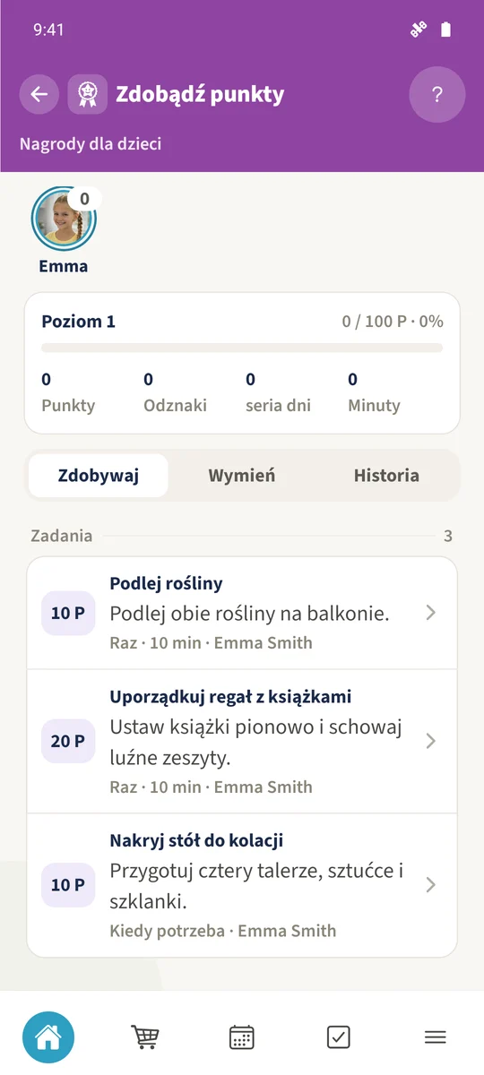 Widok dziecka Emmy pokazuje przypisane jej zadania z nagrodami, w tym powiązane zadanie sprzątania, oraz uzgodnione punkty.