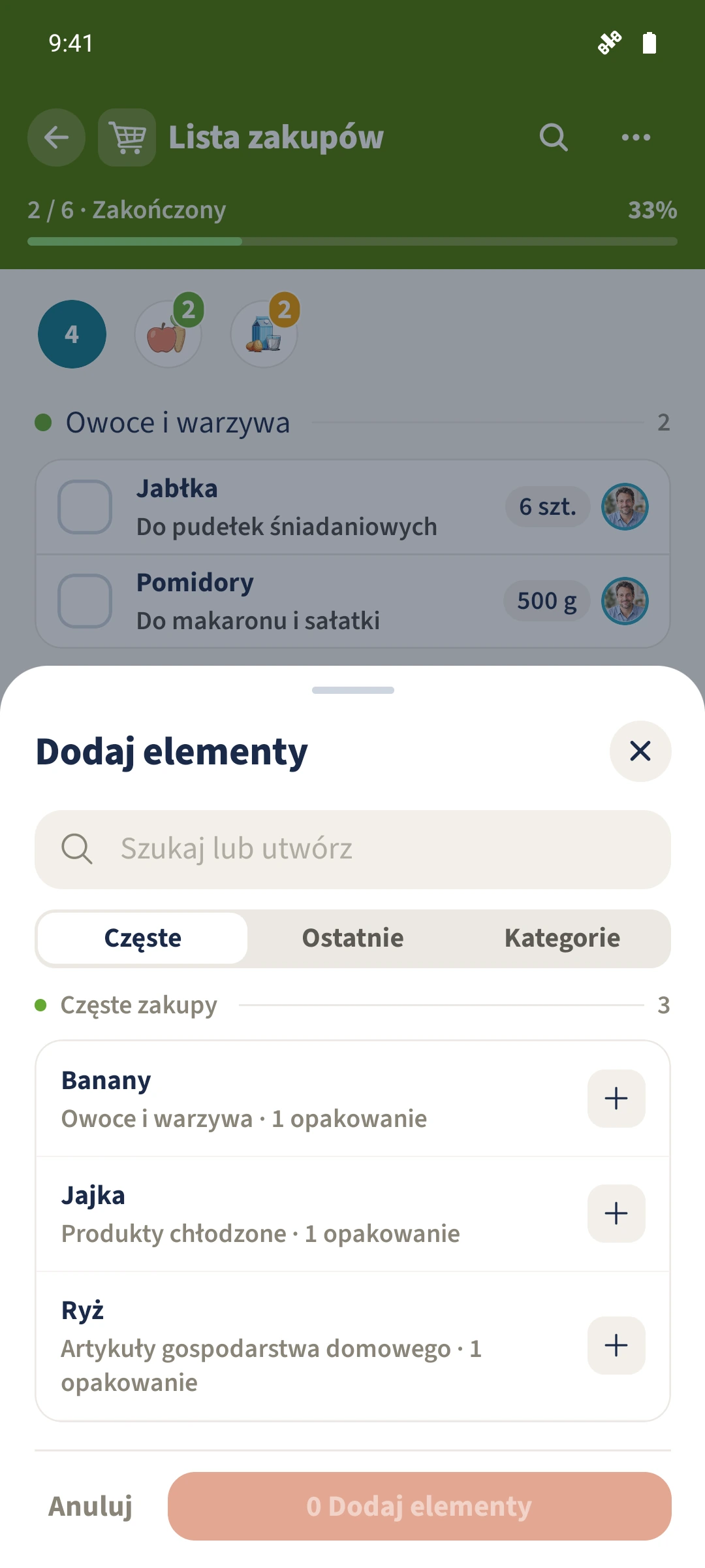 Widok „Częste” proponuje wcześniej używane produkty; początkowa liczba wybranych produktów wynosi zero.