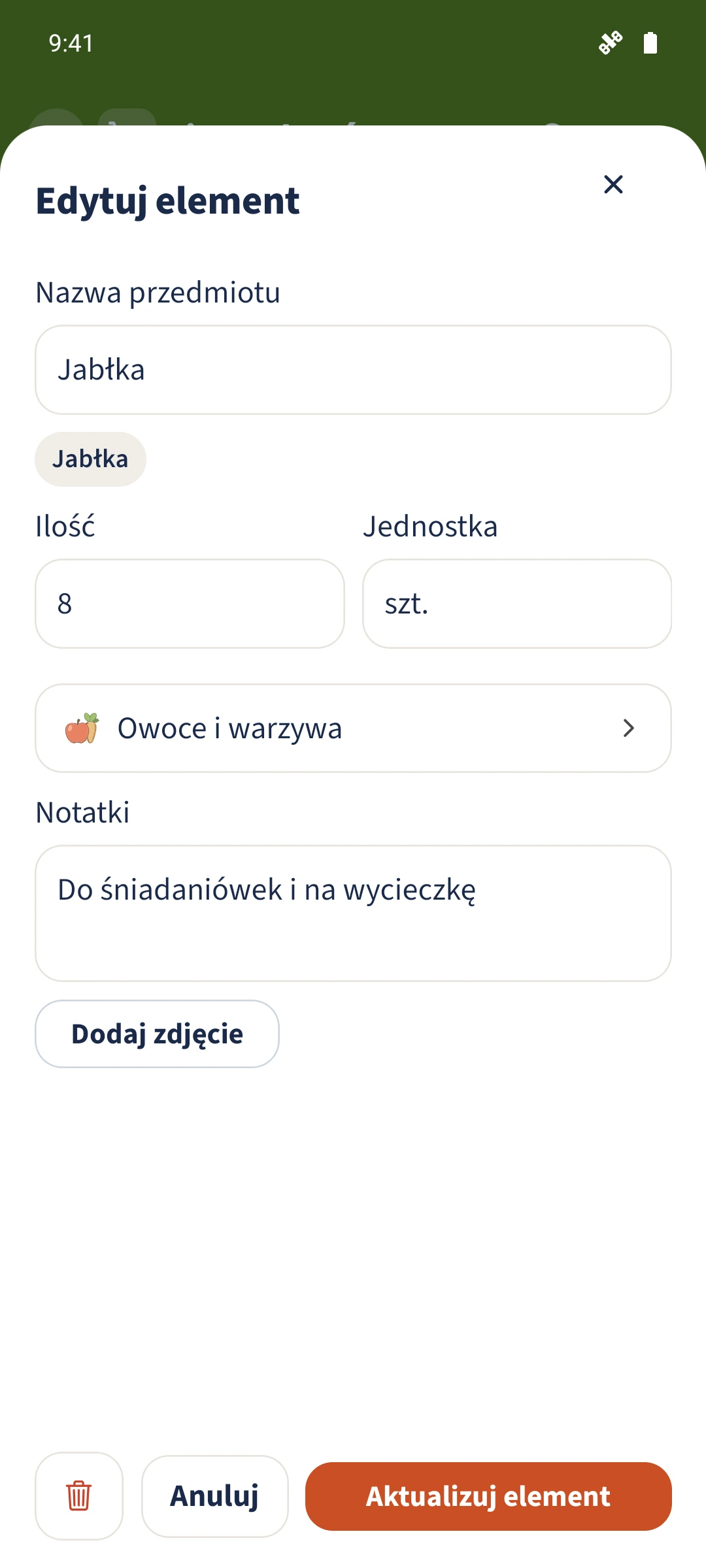 Edytor zawiera osiem sztuk i notatkę „Pudełka śniadaniowe i nasza wycieczka”.