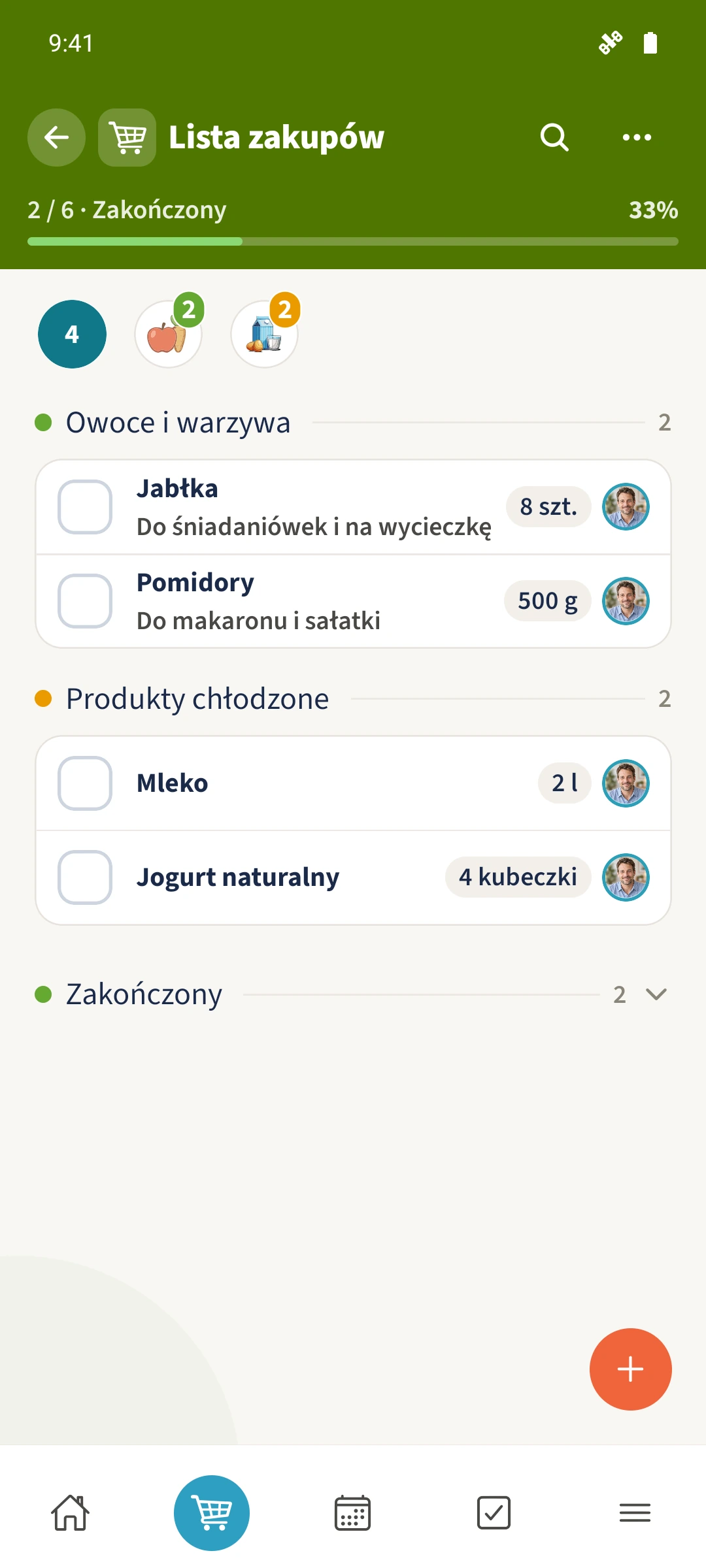 Po zapisaniu ta sama lista zakupów pokazuje osiem jabłek i zaktualizowaną notatkę.