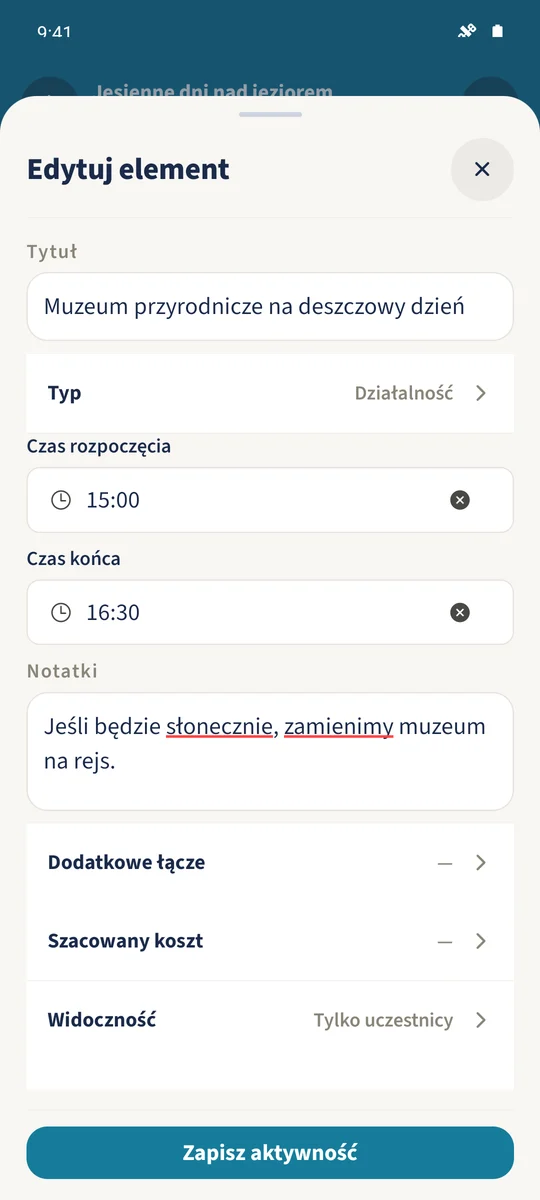 „Muzeum przyrodnicze” jest edytowane ze startem o 15:00, końcem o 16:30 i alternatywą zależną od pogody.