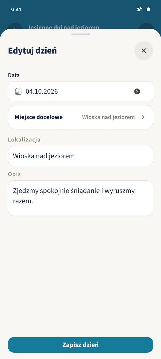 „Edytuj dzień” ponownie otwiera istniejący dzień wyjazdu 4 października z lokalizacją i opisem.