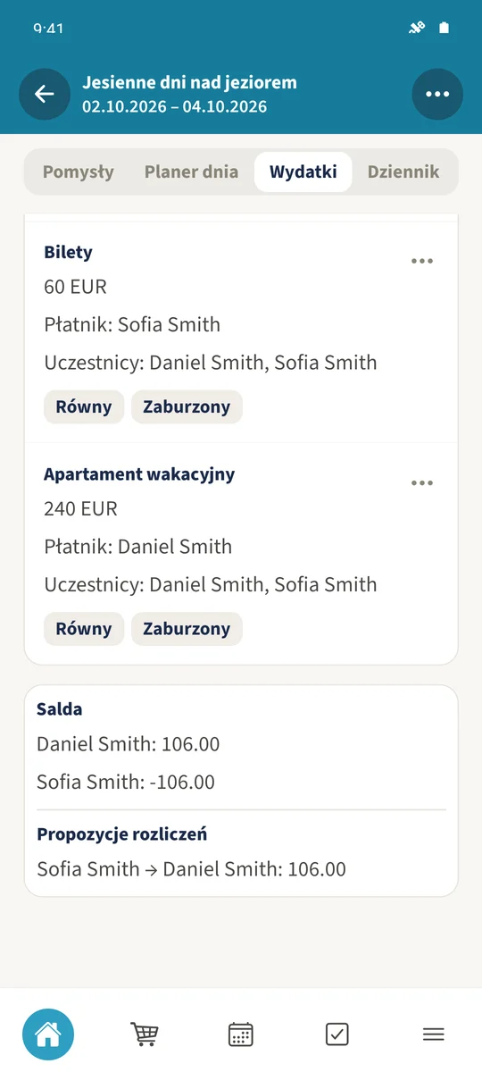 Po zapisaniu otwarte rozliczenie wynosi 106 EUR od Sofii do Daniela.