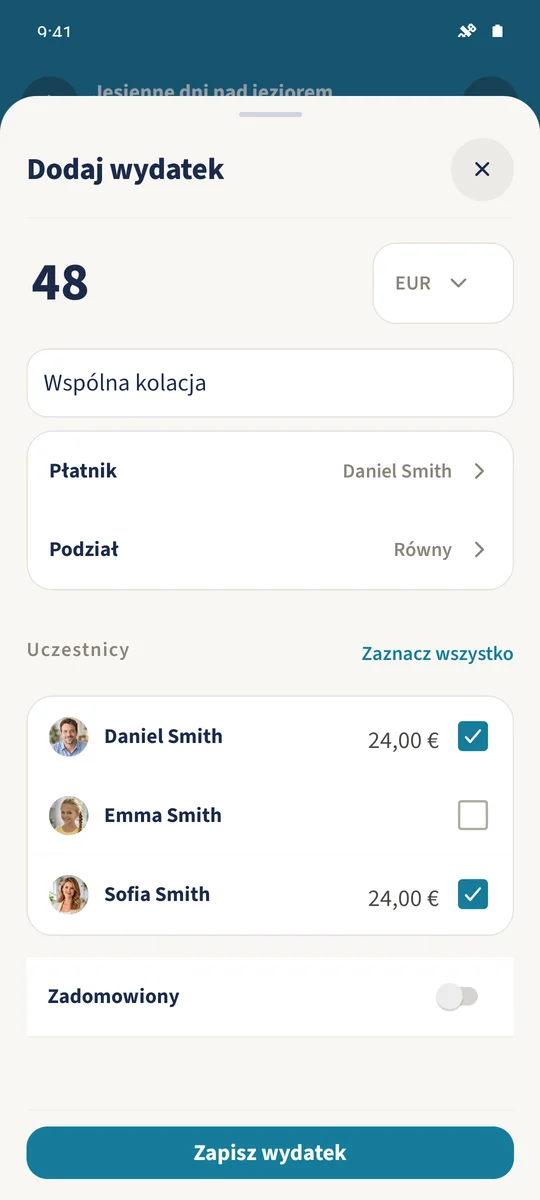 Kolacja za 48 EUR jest początkowo dzielona równo między Daniela i Sofię.