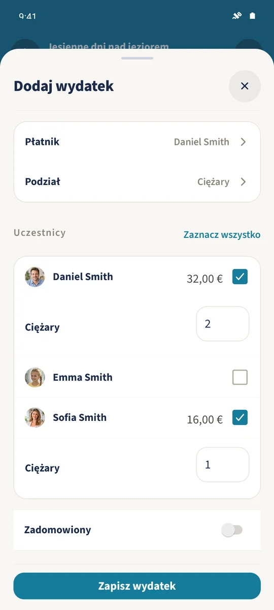 Wagi 2 i 1 dzielą kolację na 32 EUR dla Daniela i 16 EUR dla Sofii.