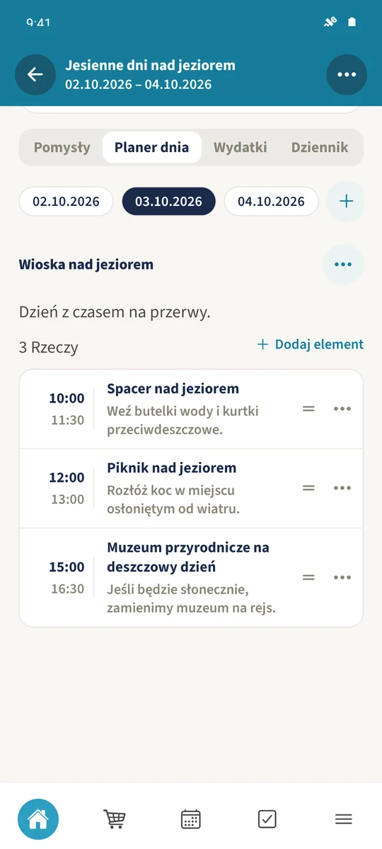 Zapisany plan na 3 października pokazuje spacer, piknik i muzeum przyrodnicze w wybranej kolejności.