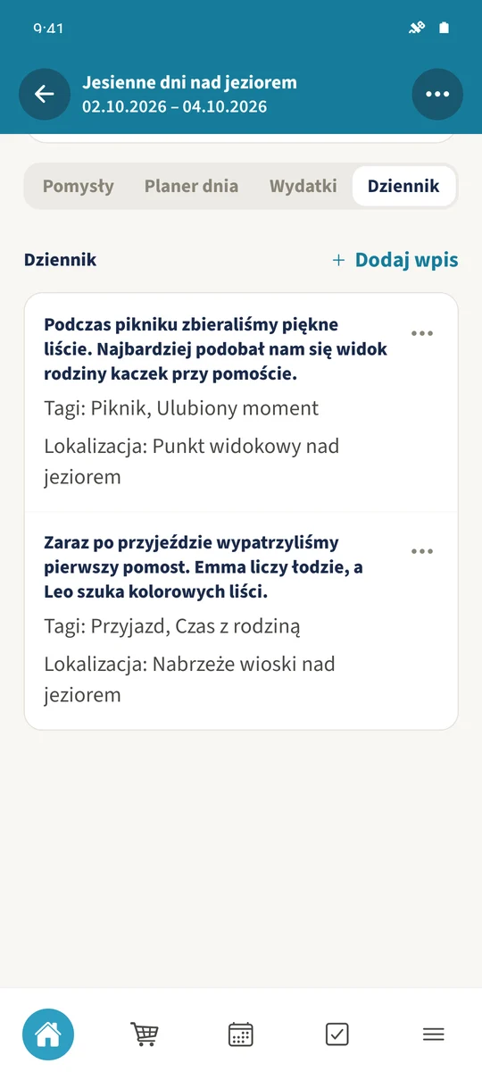 Wspólny dziennik pokazuje dwa zapisane wspomnienia z lokalizacjami i tagami.