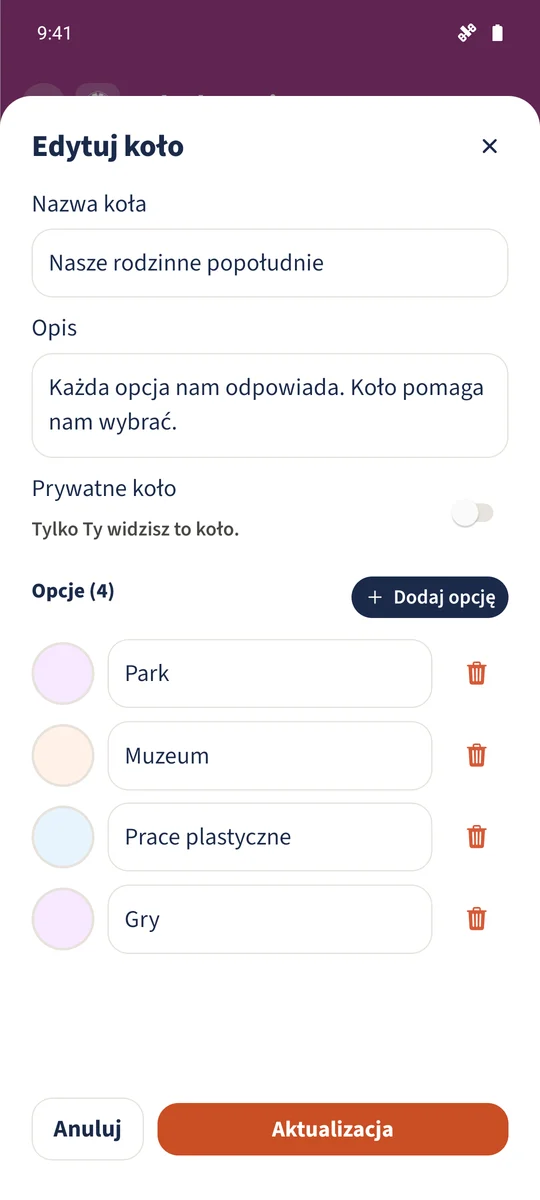 Formularz zawiera cztery aktywności i osobne kolory, a przełącznik „Prywatne koło” jest wyłączony.