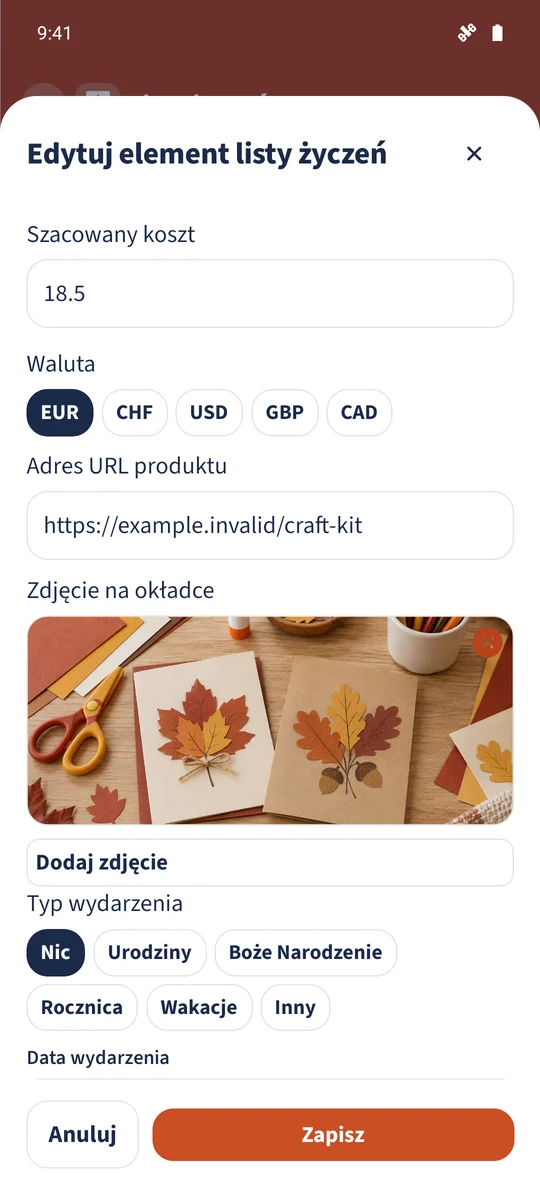 Formularz zawiera cenę 18,50 EUR, przykładowy link do produktu i wybrane zdjęcie zestawu plastycznego.
