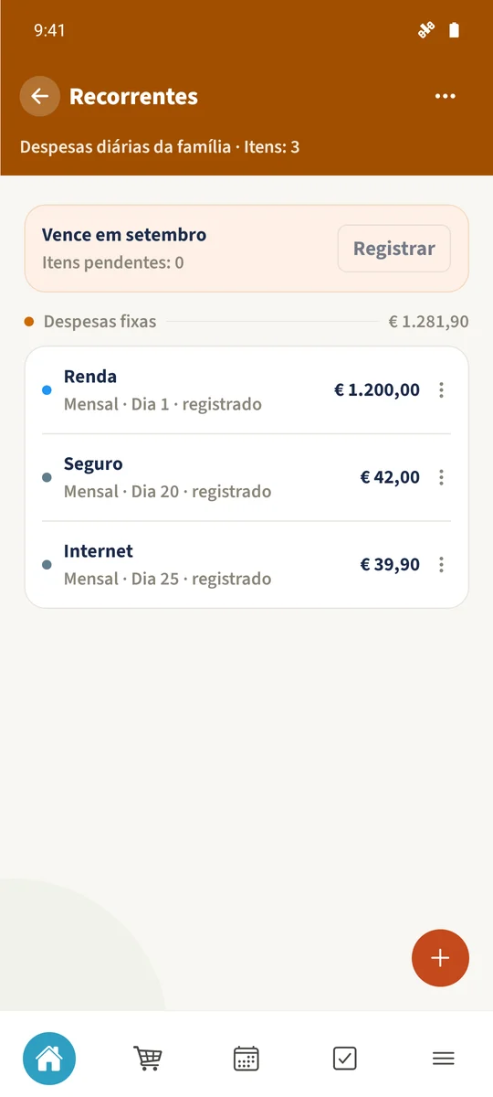 Após a geração, Renda, Seguro e Internet aparecem como registados para outubro de 2026.