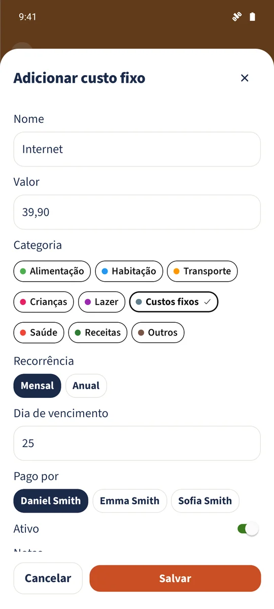 O item Internet existente está definido como 39,90 € em Custos fixos, com recorrência mensal no dia 25.