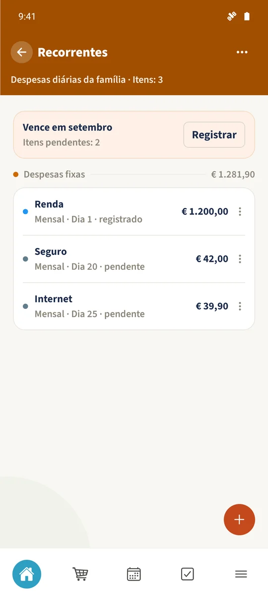 Após salvar Internet, a lista continua a mostrar três itens recorrentes por registar para outubro de 2026.