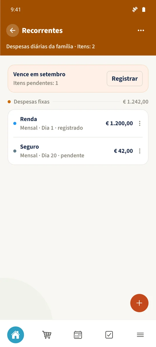 Recorrente de outubro de 2026 mostra os itens existentes Renda, Seguro e Internet, todos ainda por registar.