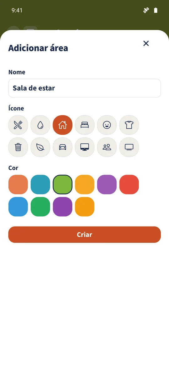 A nova área Sala de estar tem nome, ícone de casa e cor verde.