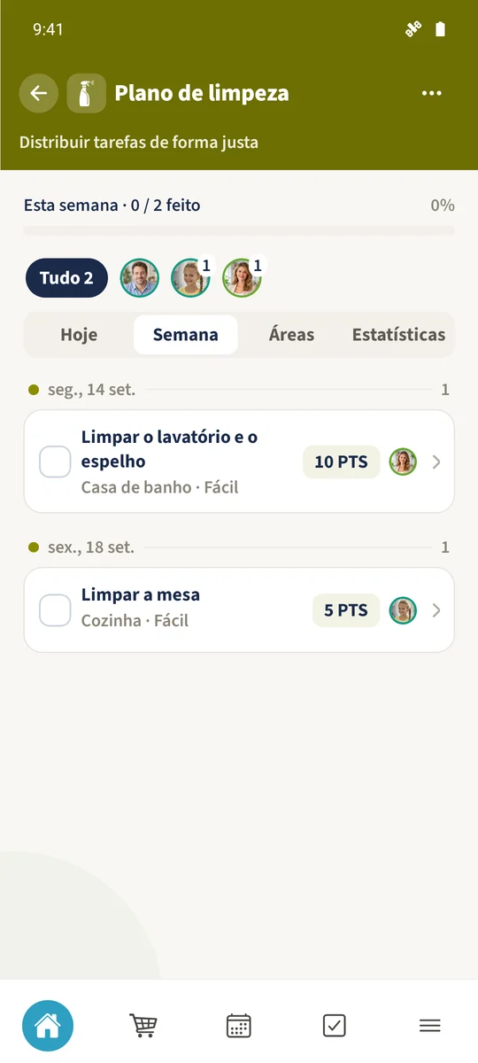 Semana mostra uma atribuição preparada de segunda-feira e a atribuição de sexta-feira gerada na app.