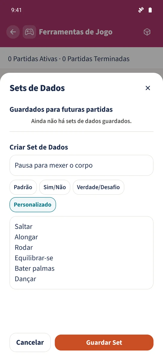 O formulário de dados personalizados contém Pausa para mexer o corpo com seis faces de atividades em português.