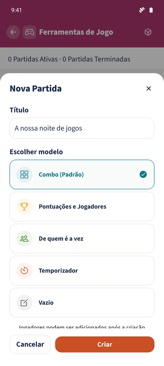 O formulário de nova sessão tem um título e Combo (Padrão) selecionado.