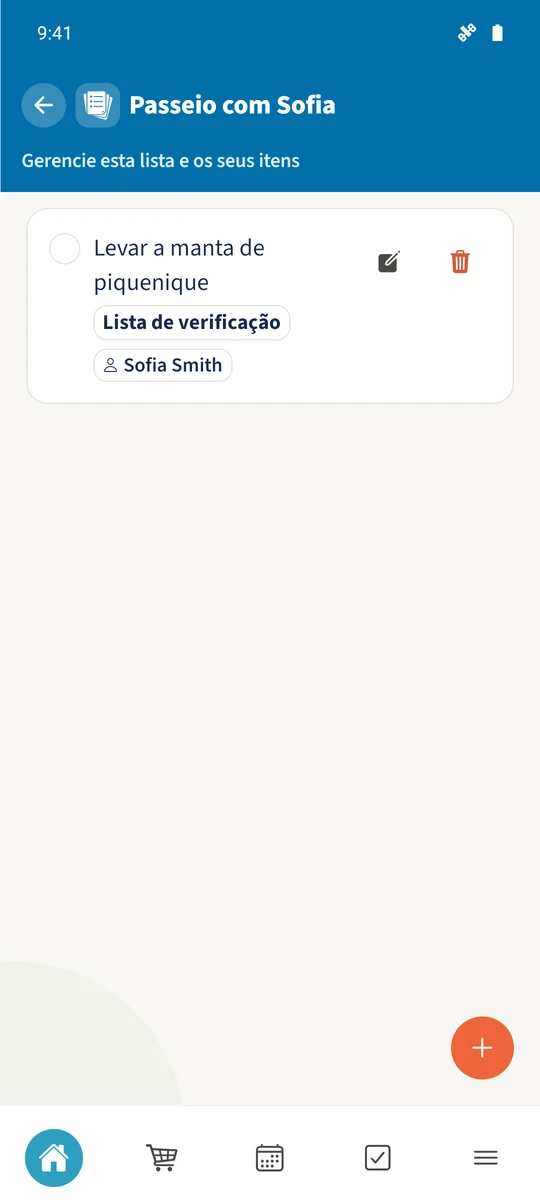 Sofia abre a lista salva na sua própria conta e vê o item atribuído.
