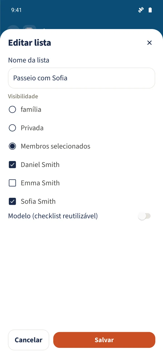 O editor da lista tem Daniel e Sofia selecionados, enquanto Emma está por selecionar.