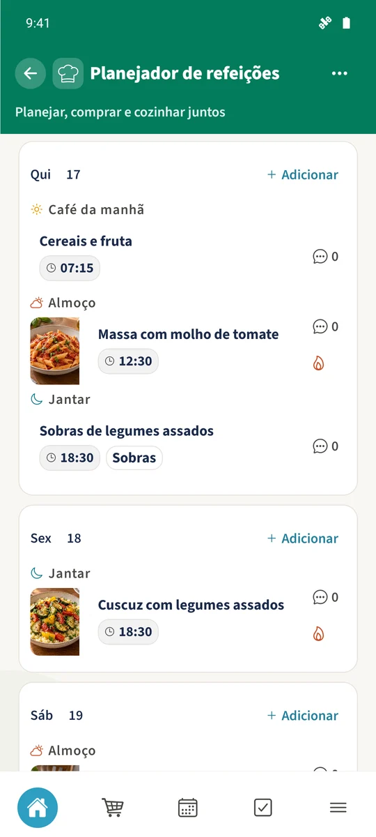 O plano de refeições da família mostra Cereais e fruta, Massa com molho de tomate e Sobras de legumes assados marcadas como Sobras, seguidos do jantar do dia seguinte.