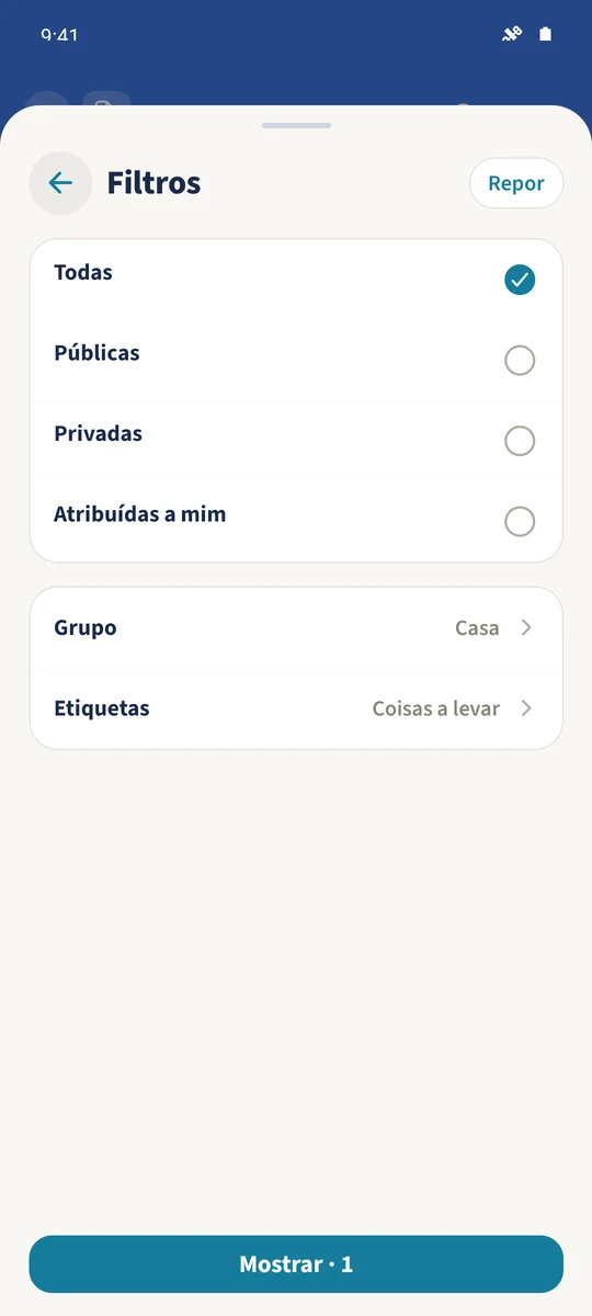 O filtro seleciona o grupo Casa e a etiqueta Coisas a levar.
