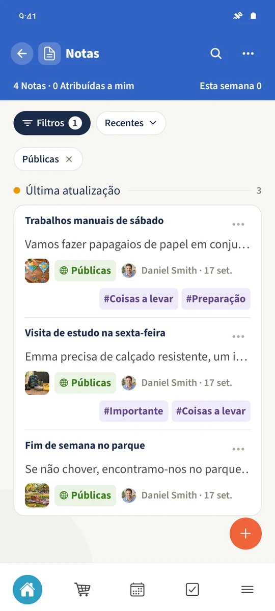 A vista Públicas mostra três notas partilhadas: Visita de estudo na sexta-feira, Trabalhos manuais de sábado e Fim de semana no parque.