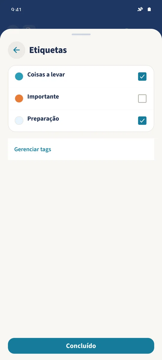 O editor da nota tem Coisas a levar e a etiqueta Preparação recém-criada selecionadas.