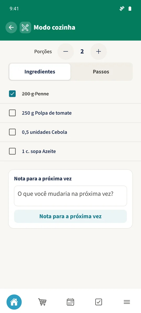 Modo cozinha mostra duas porções, 200 g de penne e o ingrediente penne assinalado.