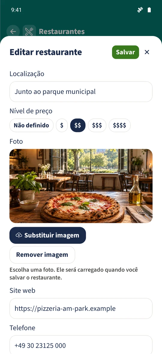 O editor de Pizzaria do parque contém Junto ao parque municipal e um nível de preço de dois símbolos.