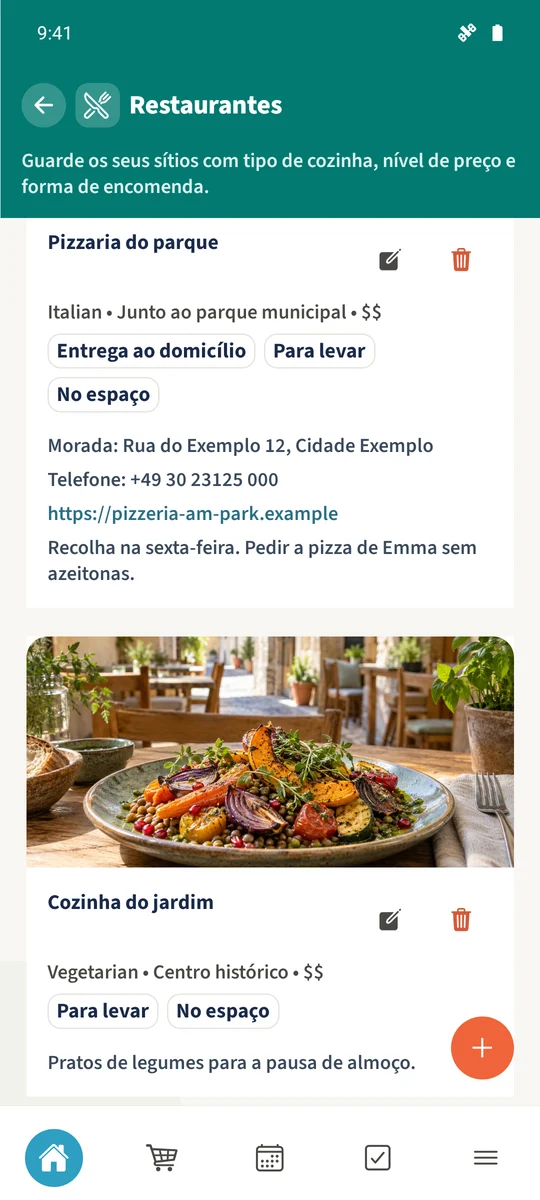 A lista partilhada mostra os restaurantes fictícios Pizzaria do parque e Cozinha do jardim, com cozinha, localização, nível de preço e opções de serviço.