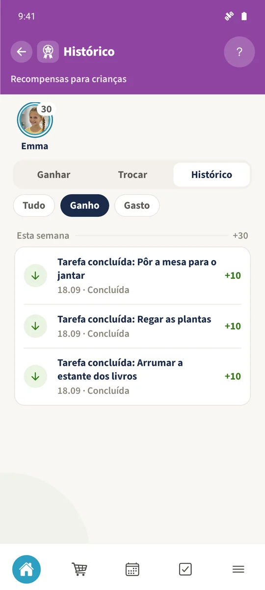 O Histórico distingue os créditos de pontos ganhos da troca de filme e do crédito de limpeza posterior.