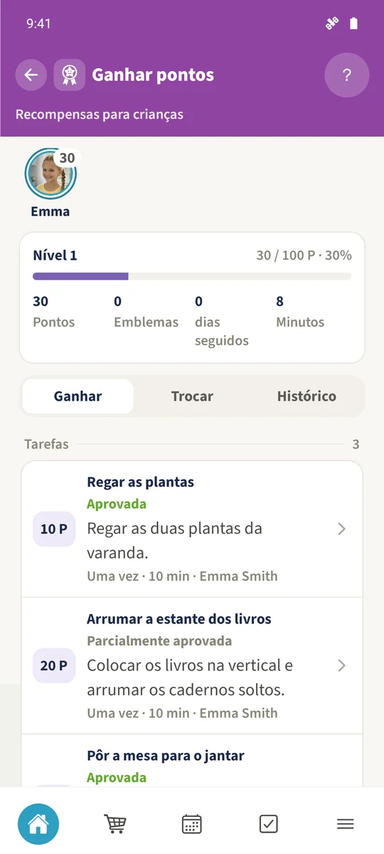 A vista geral de Emma mostra 25 pontos disponíveis e oito minutos após os créditos e a troca registados.